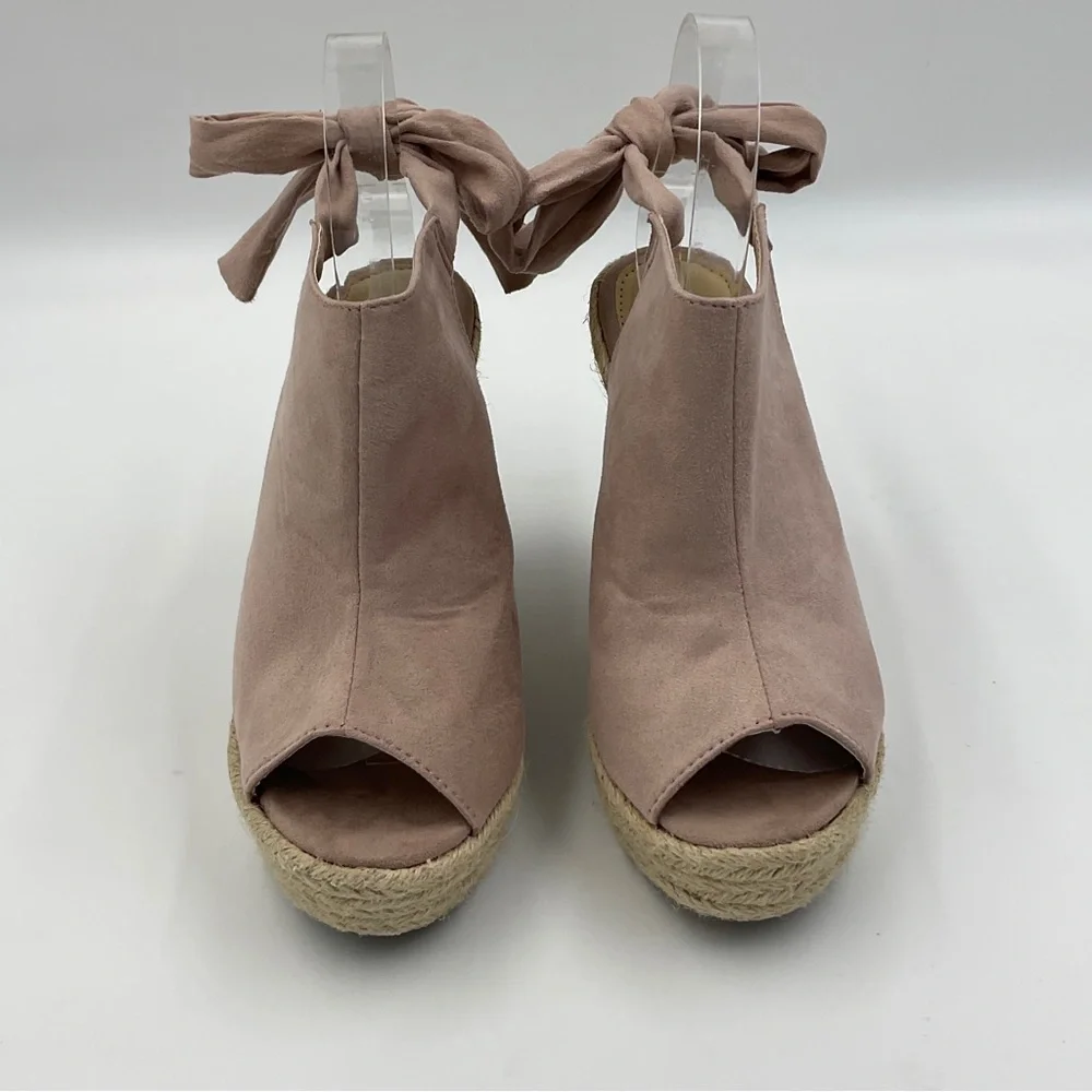 Refresh EUC Miya Pink Suede Espadrille Wedges Ribbon Tie Back Open Toe Size 8.5